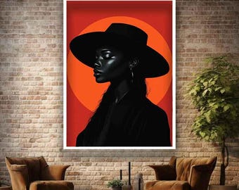 African woman hat fashion art, Abstract african woman hat wall art, African woman wide brimmed hat painting, Woman black fashion canvas