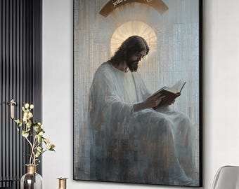 Abstract Christian Art Modern, Religious Wall Art Framed, Jesus reading a book Canvas, Christianity Wall Art, Believer jesus Art Print