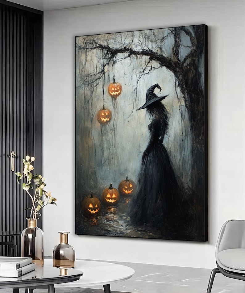 Gothic Witch Art Print, Witch Canvas Wall Art, Halloween Painting ...