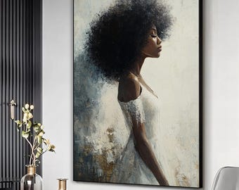 Zwarte vrouw zijprofiel portret, zwarte vrouw witte jurk schilderij, Afro vrouw canvas print, Afrikaanse vrouw wand decor, vrouw kunst aan de muur