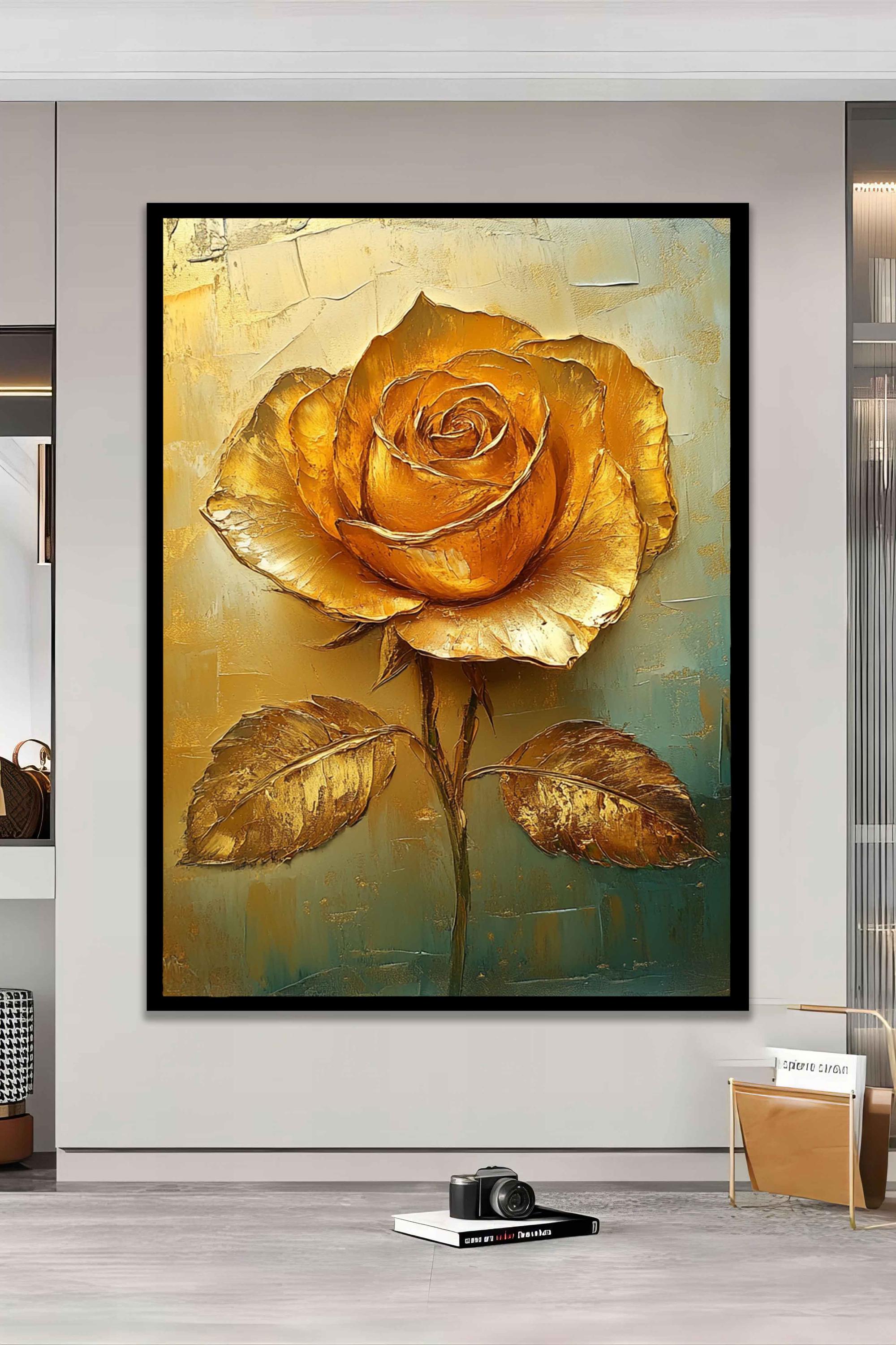 Golden Rose Art Print, Rose Canvas Art, Gold Flower Wall Art, Gold