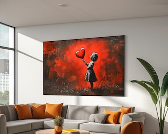 Obra de arte con globos de corazón de niña de Banksy, Arte con globos de niña al estilo de Banksy, Impresión en lienzo de niña de Banksy, Arte callejero de grafiti, Decoración de paredes para el hogar