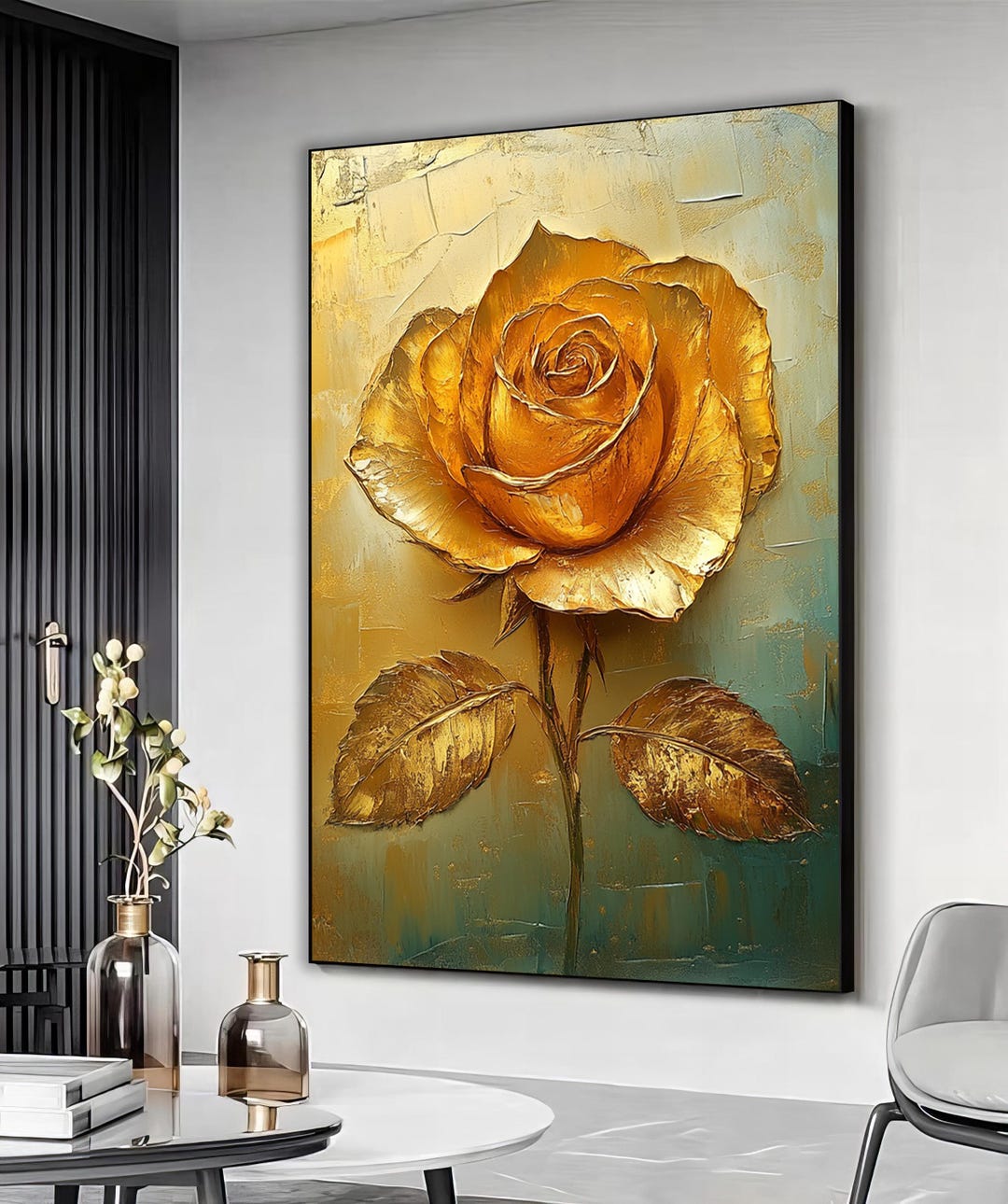 Golden Rose Art Print, Rose Canvas Art, Gold Flower Wall Art, Gold ...