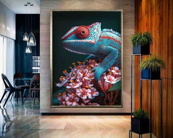 Chameleon art, Chameleon flowers canvas, Chameleon painting, Chameleon Wall decor, Chameleon wall hanging, Animal wall art, Animal canvas