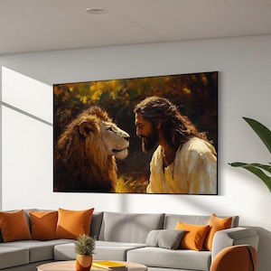 Jesus and Lion Spiritual Wall Art Print, Christian Religious Painting Poster, Symbolic Strength and Faith Canvas, Inspirational Home Decor