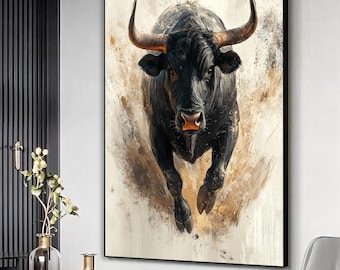 Black bull running canvas art print, Bull artwork, Bull wall art, Bull wall hanging, Bull decor, Running bull painting, Animal poster