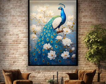 Peacock art print, White flowers peacock canvas, Flowers peacock wall art, Peacock art, Peacock painting, Animal canvas, Animal painting