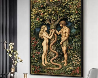 Adam en Eva in Eden canvasprint met slang en boom, bijbelse muurkunst voor kerk of studeerkamer, christelijk decor, Adam en Eva interieur