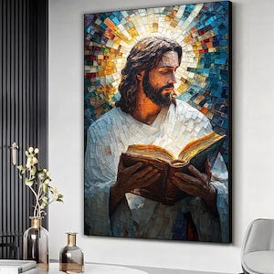 Jesus reading a book abstract canvas art, Jesus colorful painting, Jesus christian wall art, Abstract artwork, Modern christianity art