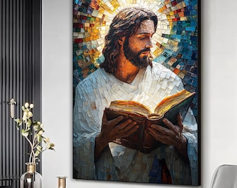 Jesus reading a book abstract canvas art, Jesus colorful painting, Jesus christian wall art, Abstract artwork, Modern christianity art