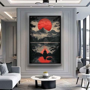 Monk meditating sunset scenery art, Monk mountains sunset landscape canvas print, Monk lake scenery painting, Monk art print, Monk painting,