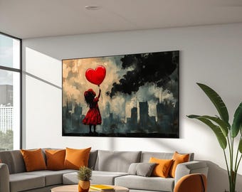 Arte en lienzo con globo de corazón de niña de Banksy, arte de paisaje urbano con globo de niña, impresión en lienzo de niña de Banksy, arte callejero de Banksy, listo para colgar