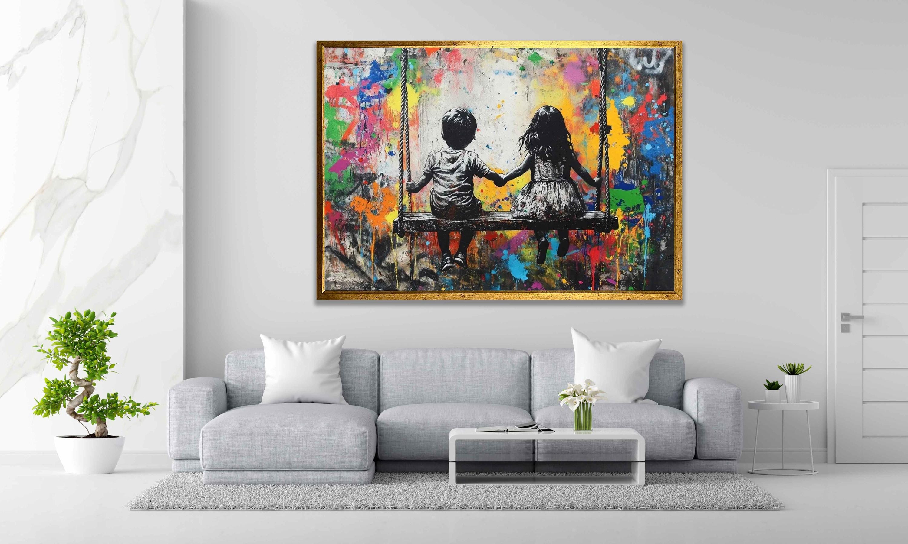 Banksy Kids on a Swing Grafitti Street Artwork, Banksy Canvas