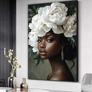 Black woman white flowers head canvas print, Elegant woman Wall Art, White flowers woman art wall decor, Ready to hang canvas art
