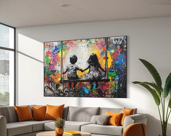 Niños en un columpio (grafiti callejero) de Banksy, lienzo impreso de Banksy, lámina artística de Banksy sobre el amor, arte mural de amor, listo para colgar, decoración para el hogar
