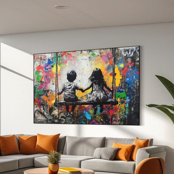 Banksy Kids on a swing grafitti street artwork, Banksy canvas print, Banksy love art print, Love Wall art, Ready To Hang, Home wall decor