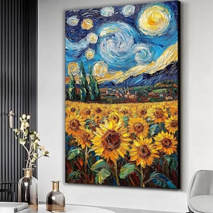 Starry night inspired Van Gogh sunflowers landscape art print, The starry night inspired canvas, Landscape  sunflowers wall art, Scenery art