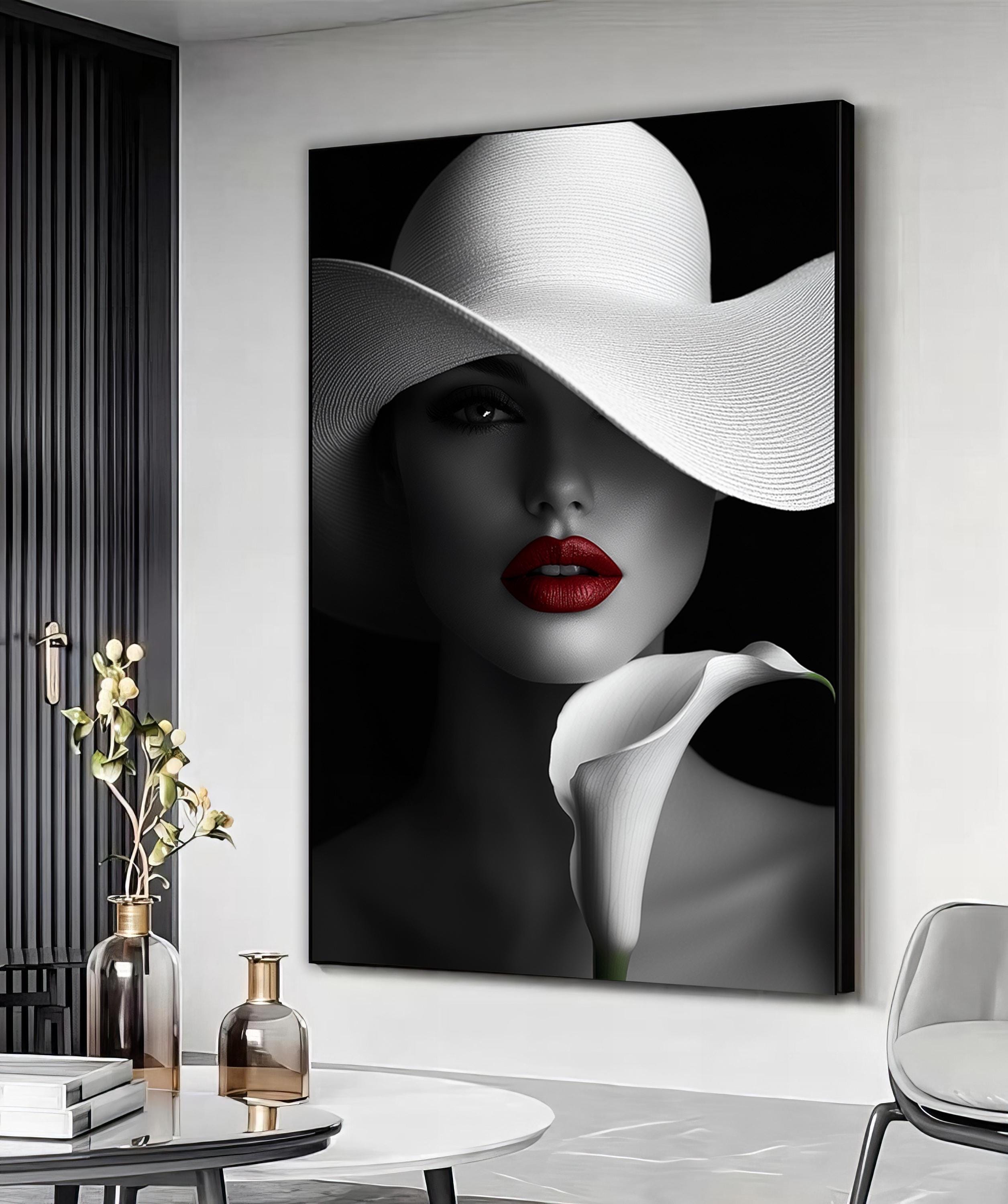 Woman Black and White Red Lips Art Canvas Print, Black and White ...