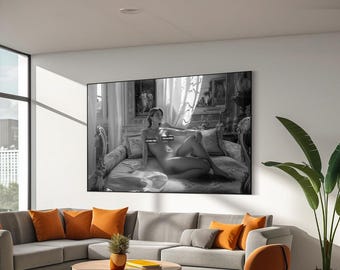 Black and white art of woman on couch, Beautiful woman canvas print, Woman wall art, Woman poster, Ready to hang framed canvas