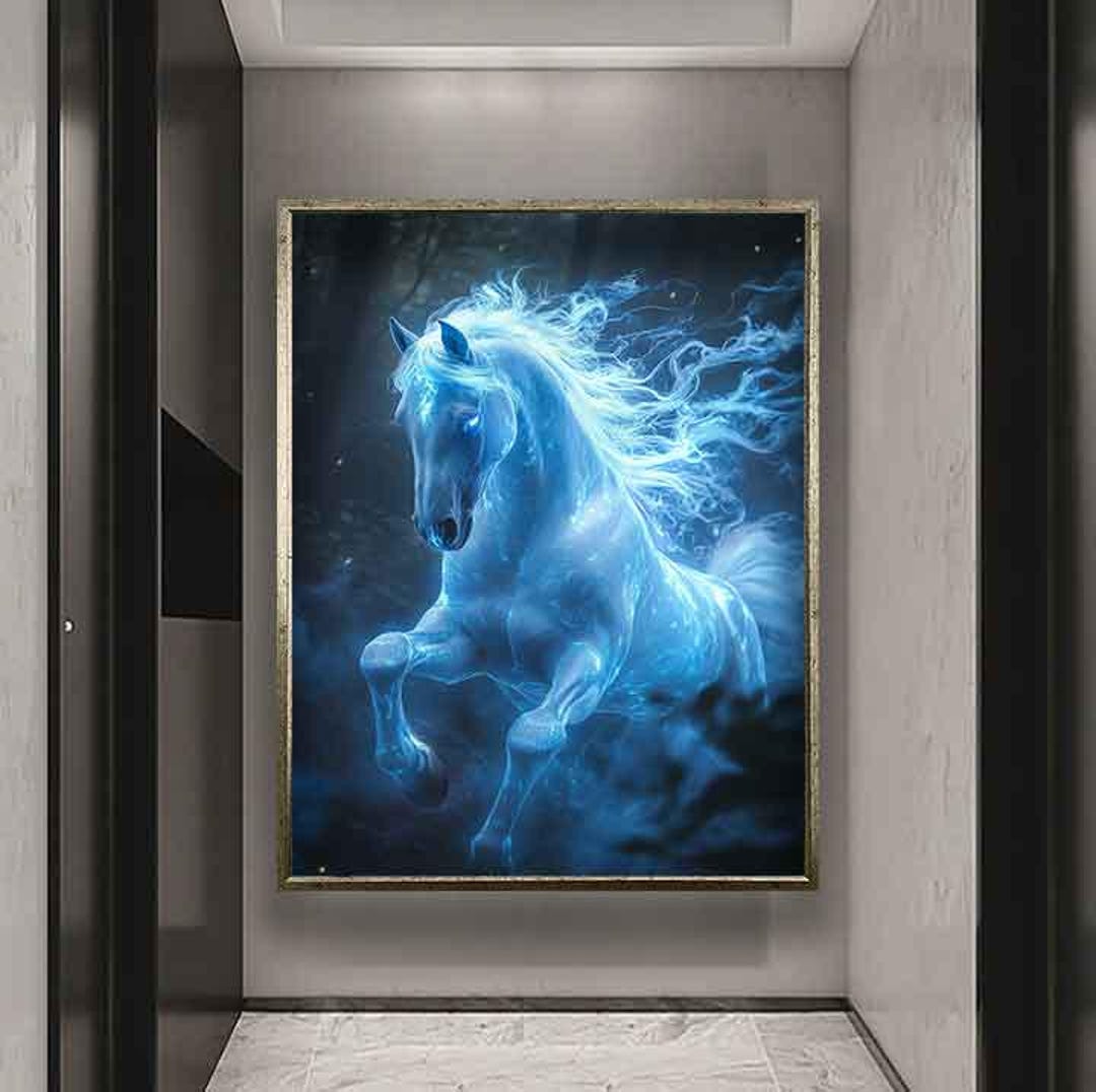 Blue Horse Canvas Print, Blue Horse Painting, Glowing Horse Art