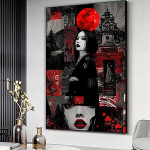 Ritratto su tela di una geisha della luna rossa, arte murale in stile giapponese, dipinto moderno di donna asiatica, decorazione per la casa in nero e rosso, tela artistica di grande impatto.