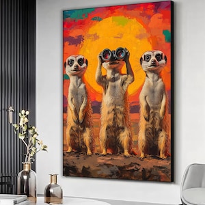 Meerkat looking through binoculars canvas art print, Meerkats artwork, Meerkats painting, Meerkats wall art, Animal print, Animal painting
