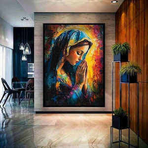 Mary praying painting, The mother of jesus canvas, Colorful mary art print, Mary roses wall art, Christianity art, Christianity canvas