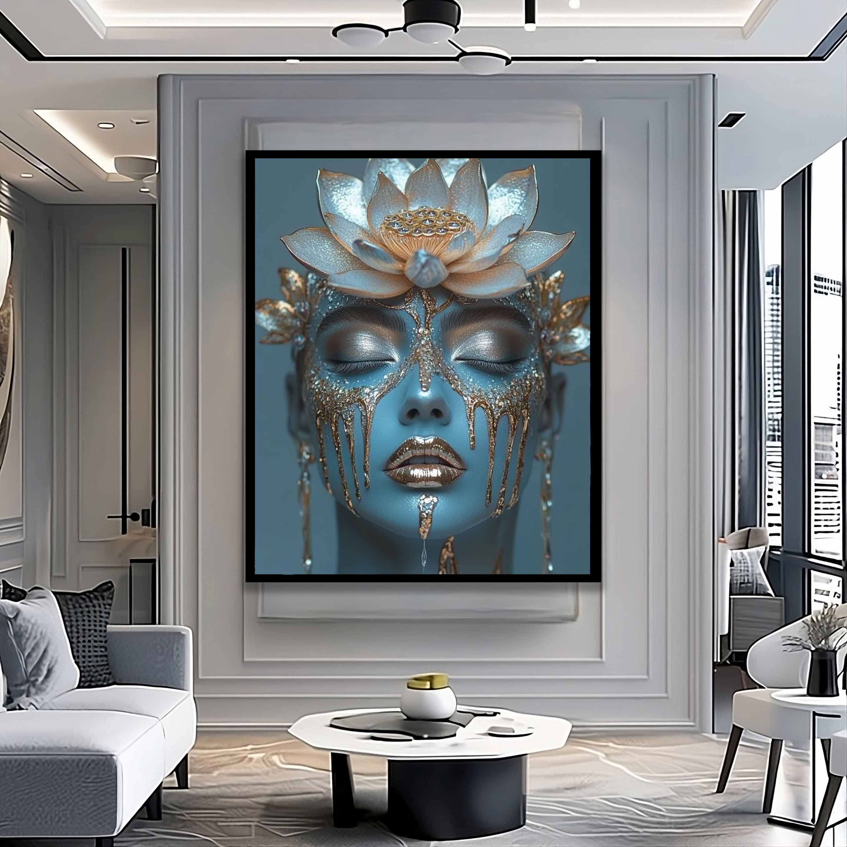 女性の蓮の花のキャンバスプリント、女性の頭上のキャンバスの花、女性