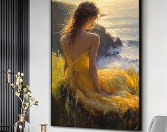 Woman beautiful sea scenery art, Woman landscape wall art, Beautiful woman portrait, Woman painting, Woman artwork, Yellow dress