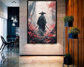 May include: A black and white painting of a samurai in a forest setting. The samurai is wearing a traditional Japanese hat and robe. The forest is filled with red and pink flowers.