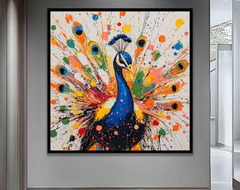 Peacock colorful canvas art, Colorful peacock print, Peacock wall art, Peacock art, Peacock painting, Framed animal canvas, Animal painting