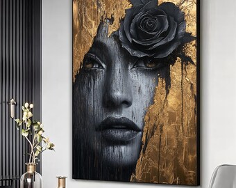 Woman Abstract Art Gold color canvas print, Woman Wall Art, Woman Print, Black Rose Art, Abstract Woman, Flower Head Woman,Abstract Wall Art