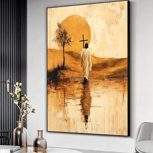 Jesus with the Cross Canvas wall art, Modern Christian, Bible Verse, Christian poster, Jesus art, Home interior decor, Religious art print