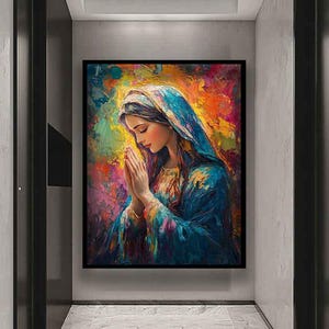 Mary praying painting, The mother of jesus canvas, Colorful mary art print, Mary roses wall art, Christianity art, Christianity canvas
