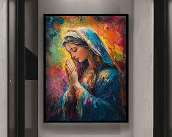 Mary praying painting, The mother of jesus canvas, Colorful mary art print, Mary roses wall art, Christianity art, Christianity canvas