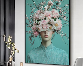 Blumenkopf Frau Kunst, Rosa Blumen Frau Wandkunst, Surreal Frau Leinwanddruck, Abstrakte Frau Wanddekor, Elegante Frau Malerei