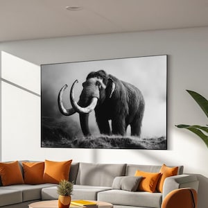 Black and white woolly mammoth art print, Mammoth home wall decor, Mammoth wall art, Mammoth decor,Mammoth framed or unframed monochrome art