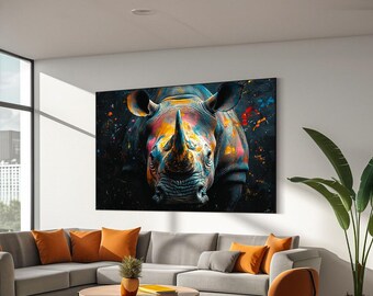 Rhino colorful splatter art print, Rainbow rhino canvas art, Rhino wall art, Rhino poster, Animal art, Home wall decor, Ready to hang canvas