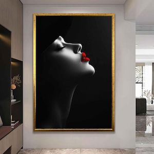 Black and White Woman Illustration With Red Lips, Modern Woman Wall Art ...