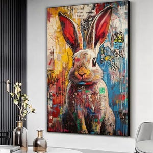 Grafitti rabbit artwork, Bunny grafitti canvas print, Rabbit abstract mural art, Colorful rabbit painting, Animal lover gift, Ready to hang