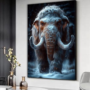 woolly mammoth in snow art print, woolly mammoth canvas wall art, woolly mammoth wall hanging, Home wall decor, Extinct animal art print