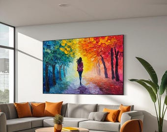 Woman walking between trees colorful art print, Colorful woman canvas, Woman wall art, Nature inspired, Colorful oil painting, Ready to hang