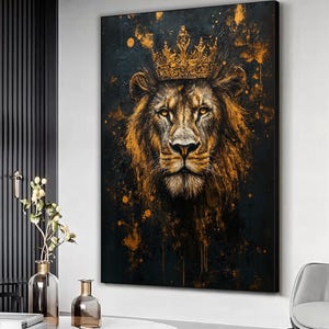 Impression d&#39;art de roi lion, oeuvre d&#39;art de toile de lion couronné, peinture abstraite de lion, affiche de lion d&#39;or, toile encadrée d&#39;animal, décoration de mur à la maison