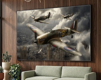 Vintage WWII Fighter Planes Over London Canvas, Historical Air Battle Wall Art, Military Aviation Decor, Retro Aircraft Print, Ready to Hang