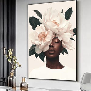 Flower head black woman canvas print, Floral african woman abstract home decor, African woman wall art, Floral flowers art print, Woman art