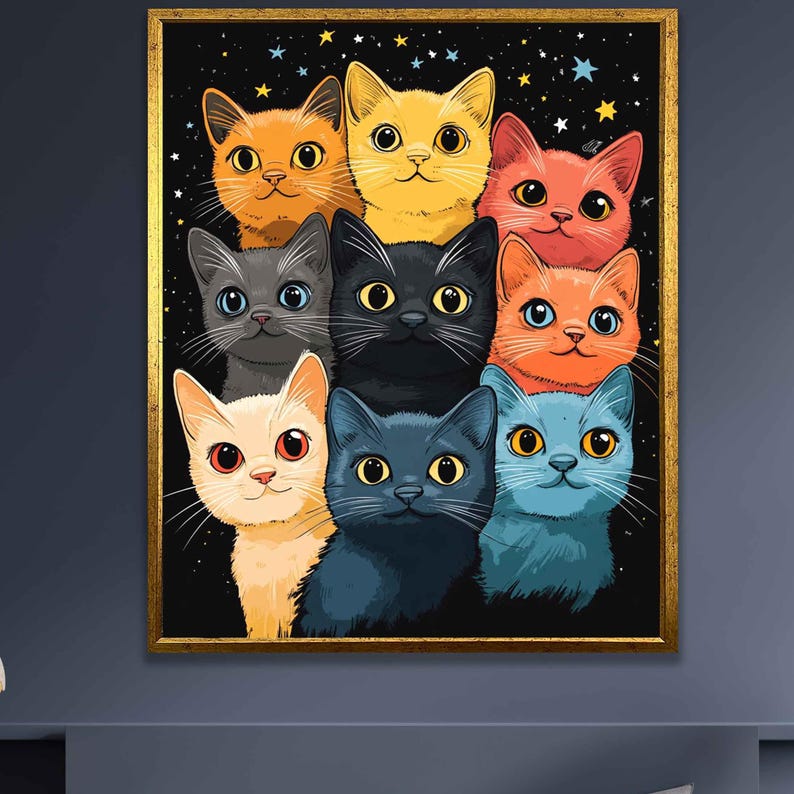 Arte em tela com gatos coloridos, ilustrações felinas abstratas ...