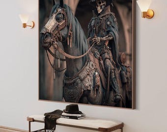 Skeleton cowboy art print, Gothic skeleton cowboy riding horse wall art, cowboy wall decor, Gothic cowboy wall hanging, Ready to hang