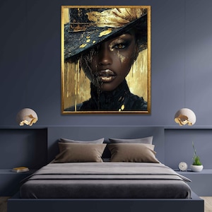 African Woman in Gold Digital Print, African Woman large hat canvas art, African American Art, African Wall Art, Black Woman, Abstract Art