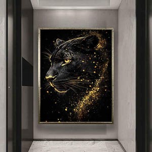 Abstrakter schwarzer Panther Gemälde, Schwarzer Panther Digitaldruck, Panther Leinwand, Panther Wandkunst, Gold Panther Kunst, Tierleinwand, Tierkunst