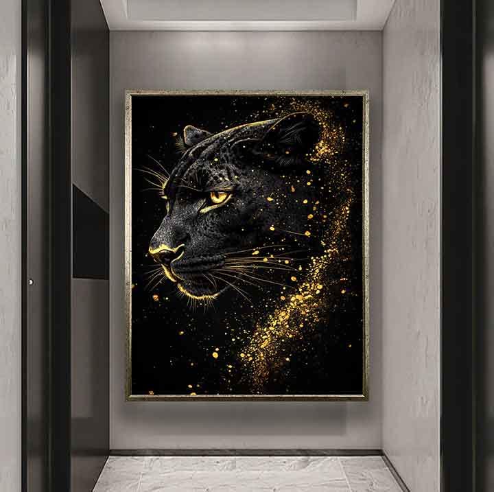 Tableau abstrait panthère noire, impression numérique panthère noire, toile panthère, art mural panthère, art panthère dorée, toile animalière, art animalier